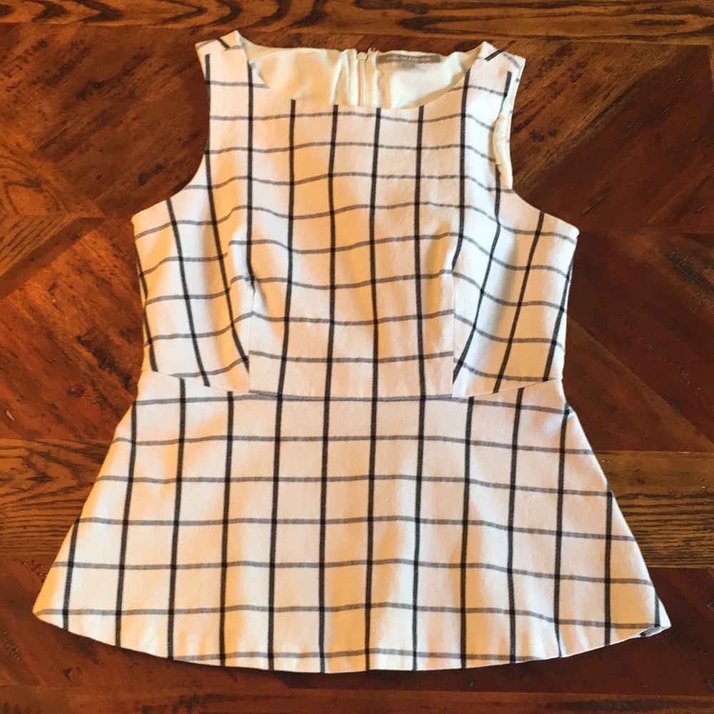 Cream with black window-pane plaid peplum top